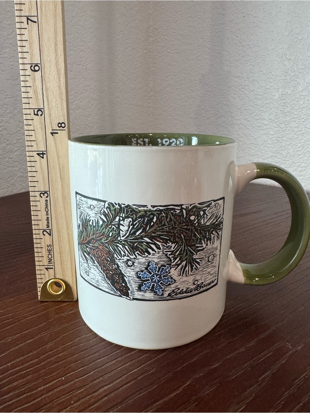 Eddie Bauer Ceramic Coffee Mug with Green Handle, Pine Snowflake Winter Graphic - Picture 7 of 9